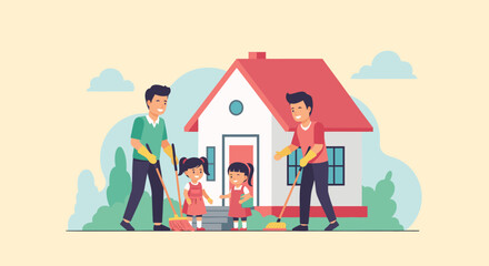 Happy family cleaning together around their house, parents teaching kids responsibility, family values and teamwork concept, originally a scalable graphic