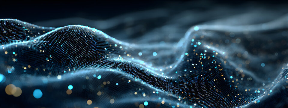 Futuristic digital surface with glowing wave grid in blue tones. Perfect for AI, data visualization, technology, and innovation design backgrounds.