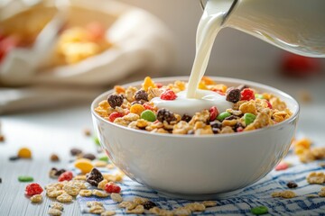 A bowl of cereal with milk being poured into it, surrounded by a variety of colorful cereal pieces and a spoon.