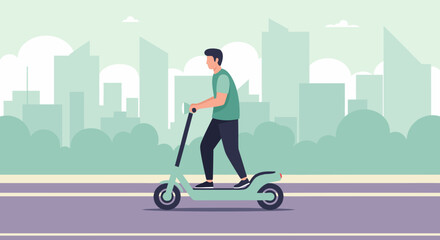 Man enjoying modern urban lifestyle riding electric scooter through city, promotes eco friendly transport and sustainable commuting with ease and style