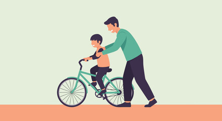 Heartwarming moment: Father teaching son to ride a bicycle, building confidence and creating lasting memories of family fun and outdoor adventures together