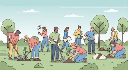 Diverse volunteers planting trees together for a sustainable future and community growth, fostering teamwork and environmental responsibility in a park setting
