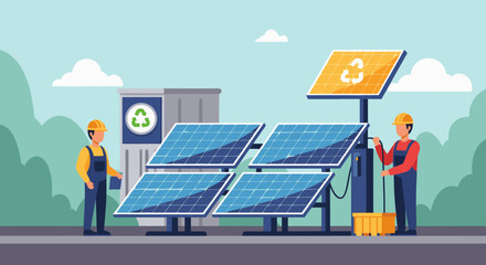 Solar panel installation team promoting clean energy solutions, showcasing renewable power for a sustainable future with ecological innovation and engineering