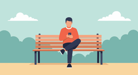 Relaxed man using mobile device on park bench, enjoying modern digital lifestyle in nature, connecting with friends, enjoying peace and quiet outdoors