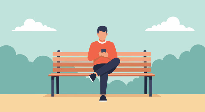 Relaxed man using mobile device on park bench, enjoying modern digital lifestyle in nature, connecting with friends, enjoying peace and quiet outdoors