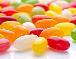 Close-up of colorful, shiny, jelly bean candies on white surface