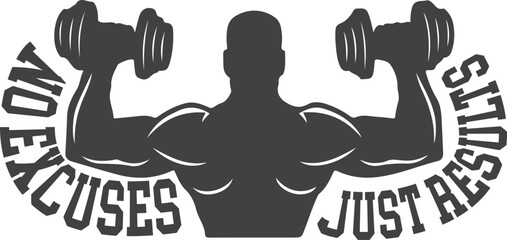 Bodybuilder flexing with dumbbells and motivational text isolated on transparent background