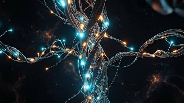 Abstract Futuristic Digital Network Sculpture With Blue And Orange Lights In Dark Cosmic Background