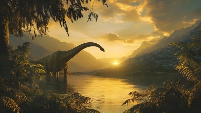 Majestic Brachiosaurus drinks at river sunset a serene prehistoric landscape scene unfolds beautifully