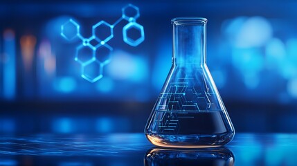 Beaker and flask in science lab with chemical structure on blue banner background