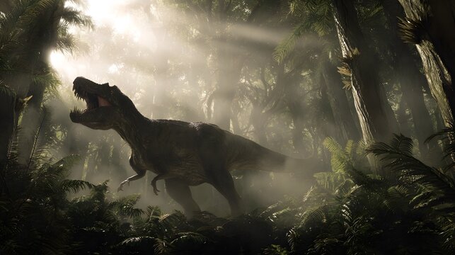 Majestic dinosaur roars within a misty prehistoric jungle bathed in cinematic sunlight - Powered by Adobe