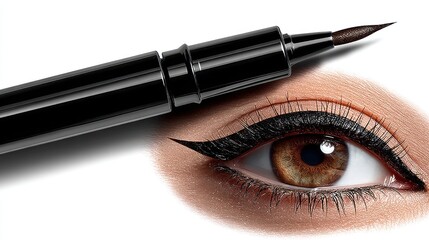 High-quality black eyeliner pen positioned near a brown eye, showcasing precise application and elegant design.