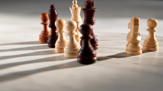 Diverse chess pieces aligned on a light surface with striped shadows concept of strategy and competition - Powered by Adobe
