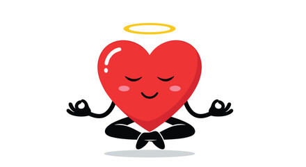 Sweet red heart character with a blissful smile and a golden halo, peacefully meditating in a lotus yoga pose for wellness.