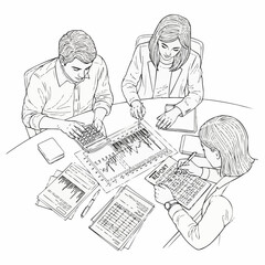 Three people in a business meeting analyzing financial reports and charts.