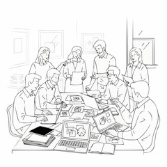 Line art illustration of a business team collaborating in a meeting.