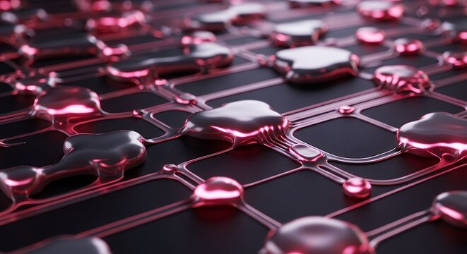 Abstract Technology Circuit Board with Liquid Metal and Red Lines.