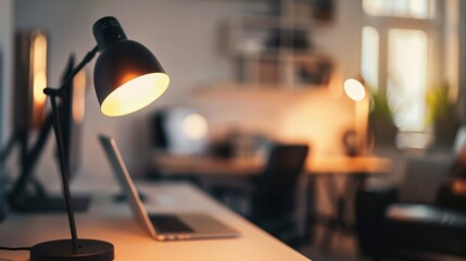 A modern workspace with a desk lamp illuminating a laptop. The background features a cozy office environment with plants and soft lighting.
