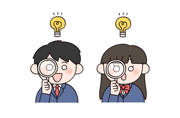 虫眼鏡を持った学生男女2人のイラスト