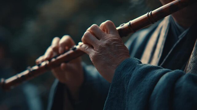 Playing Wooden Flute Outdoors Musician Performing Relaxing Music Slow Motion