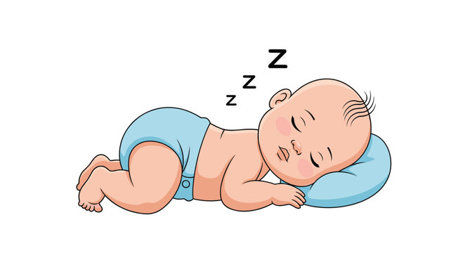 Darling cartoon baby boy in a blue diaper, sleeping peacefully on his tummy on a soft pillow with 'Zzz' text floating above him.