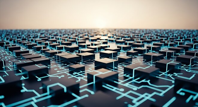 Abstract Technology Landscape with Circuit Board and Cubes at Sunset.