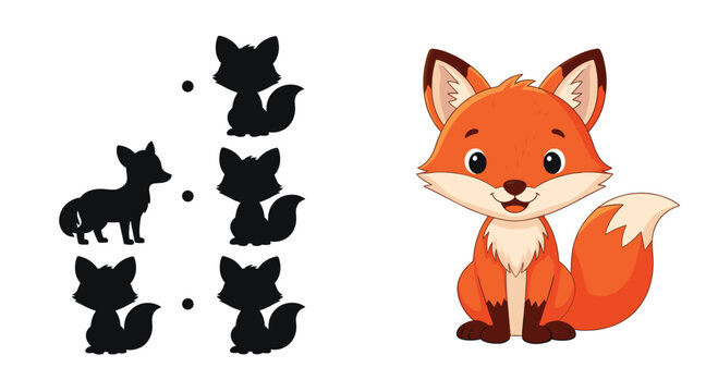 Educational puzzle game for children that challenges them to find the correct shadow matching a cute cartoon fox from five options.