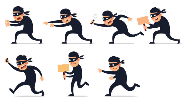 Action-packed set of a cartoon thief character in various poses, including running, throwing things, and holding signs in protest.
