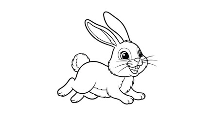 A cheerful and energetic black and white line art illustration of a rabbit hopping, perfect for a children's coloring page.