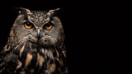 Fototapeta premium Eurasian eagle owl headshot portrait with intense orange eyes staring directly, wisdom and knowledge concept