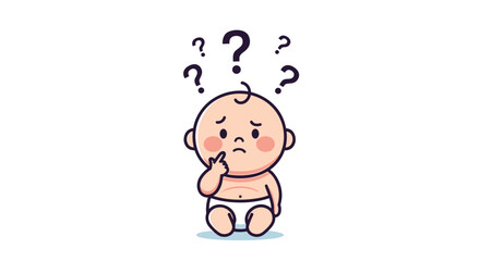Obraz premium A cute and curious cartoon baby in a diaper, sitting with a finger to its chin, surrounded by question marks, looking confused.