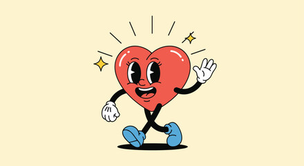 Fototapeta premium Friendly retro cartoon heart character with big eyes, white gloves, and blue shoes is walking and waving on a pale background.