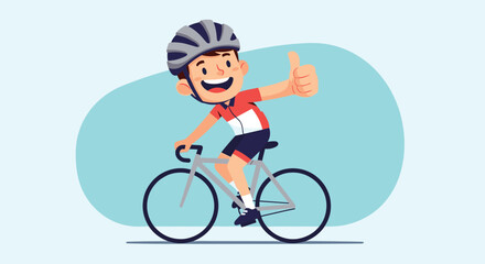 Naklejka premium Cheerful young boy in a red jersey and safety helmet happily rides his bicycle while giving a confident thumbs-up gesture.