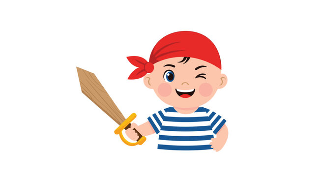 Adorable baby boy dressed in a cute pirate costume with a striped shirt and red bandana winks and holds a wooden toy sword.
