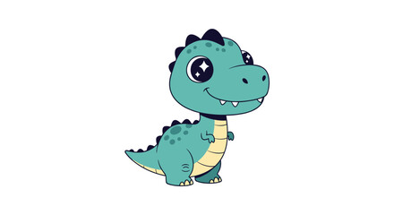 Fototapeta premium Adorable baby T-Rex dinosaur with a happy smile and big sparkly eyes stands on a clean, isolated white background.