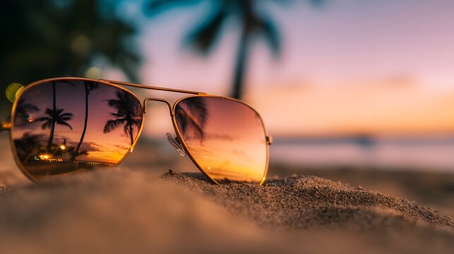 Sunset beach sunglasses reflect golden light evoking a tranquil tropical vacation escape feeling