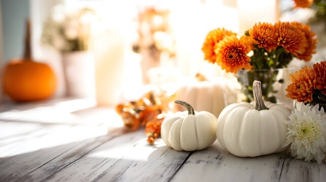 Cozy autumn harvest pumpkins and flowers on rustic table warm glowing light evokes seasonal charm