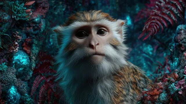 Close-up of a monkey in a vibrant, fantastical underwater forest