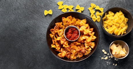 Crunchy fried pasta chips with dips.