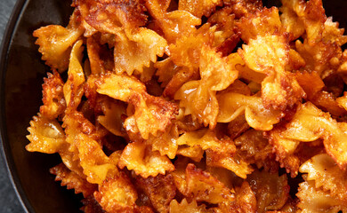 Crunchy fried pasta chips with dips.