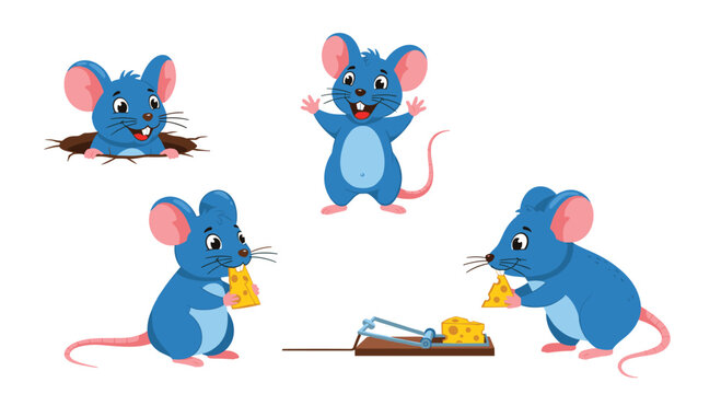 Collection of cute blue cartoon mouse characters in various situations, including eating cheese, and avoiding a mousetrap.