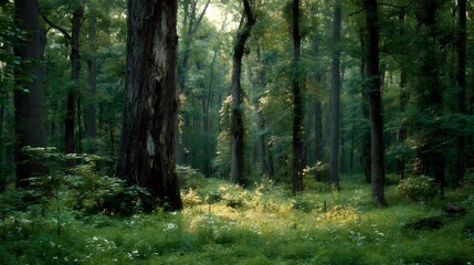Fototapeta premium Lush green forest showing sunlight streaming through tree canopy illuminating the undergrowth and path
