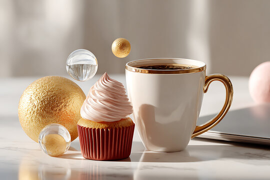 Indulge in sweet moments with a delicious cupcake and a warm cup of coffee, perfect for a celebratory treat or a cozy break, adding a touch of luxury to your day