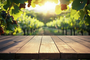Rustic vineyard table with grapevine view