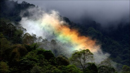 Obraz premium Rainbow spectrum appearing through thick fog blanketing a lush tropical rainforest mountain after heavy rain