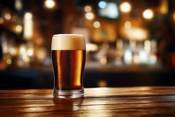 Full glass of dark beer in cozy pub