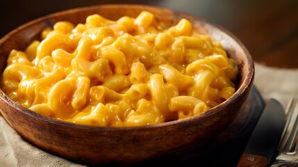 Creamy macaroni and cheese comfort food close up warm glow evokes cozy home dining appeal