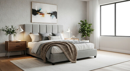 Serene Master Bedroom with King-Size Bed, Modern Decor, and Natural Light