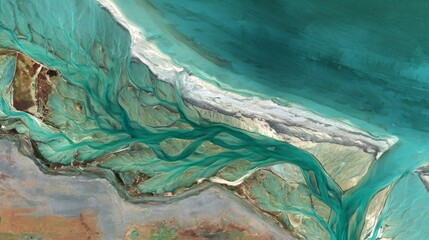 Naklejka premium Aerial view of a braided river system and delta creating intricate patterns on land joining the sea