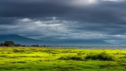 Obraz premium Savanna landscape with dark clouds, green grass, and wetlands, predicting a storm. Remote wilderness scene